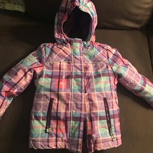 Toddler Girls snow gear. Jacket, boots, and bib